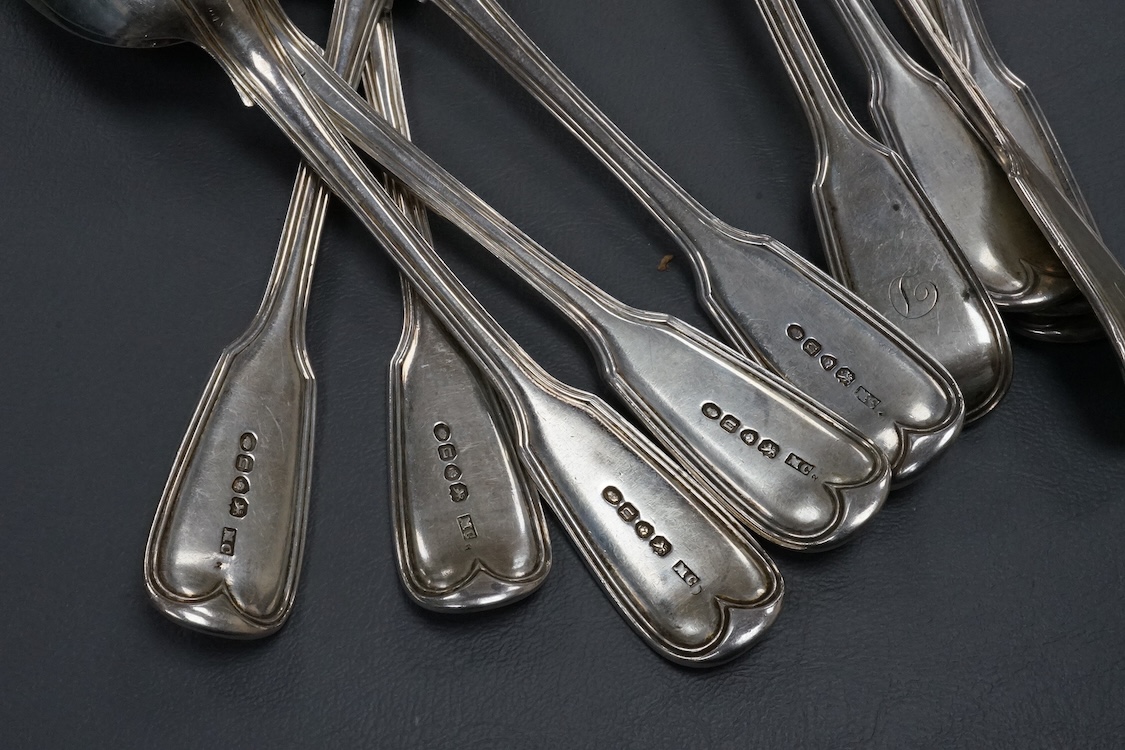 A set of eight William IV silver fiddle and thread pattern table forks, by Mary Chawner, London, 1834, 20.7cm and six matching table spoons, London, 1835, 40.5oz.